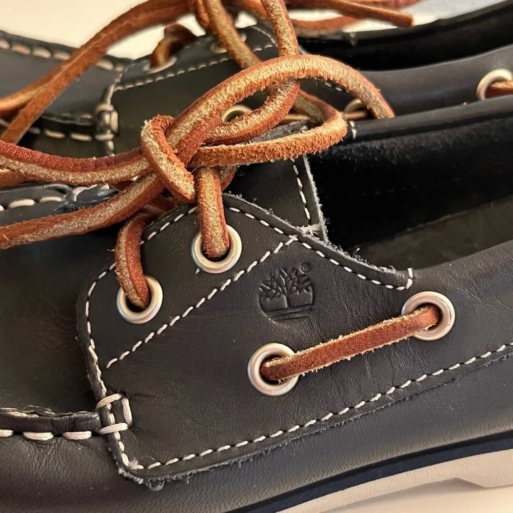 Timberland Blue Boat Shoes White Stitching & Brown Laces